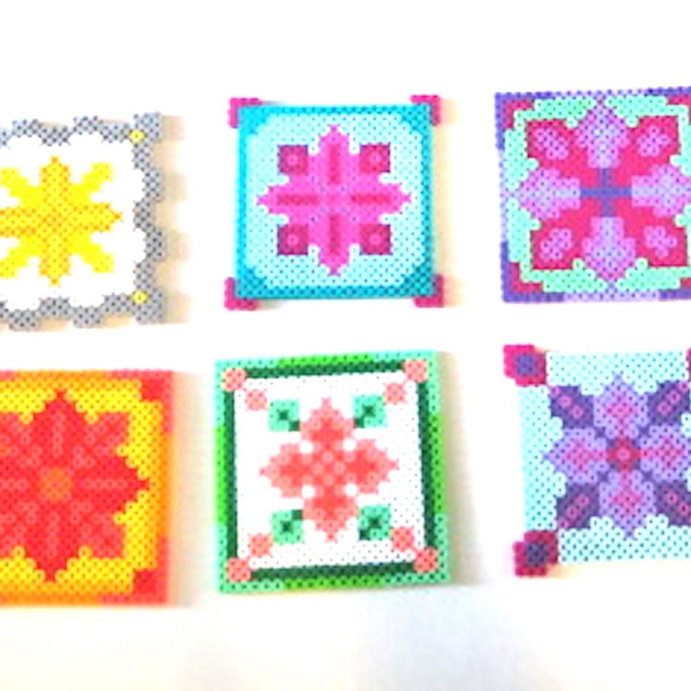 Perler Beads Set of 6 Floral Geo Coasters